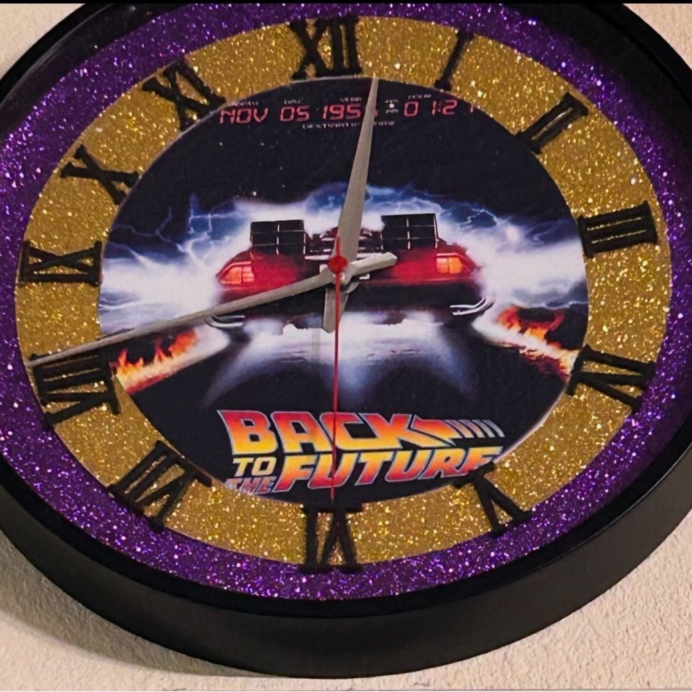 Back to the Future Glitter Wall Clock - Purple & Gold